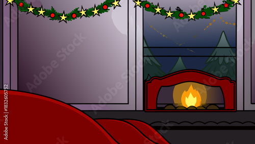 Illustration of a living room with a fireplace and christmas garland above the window frames with forest