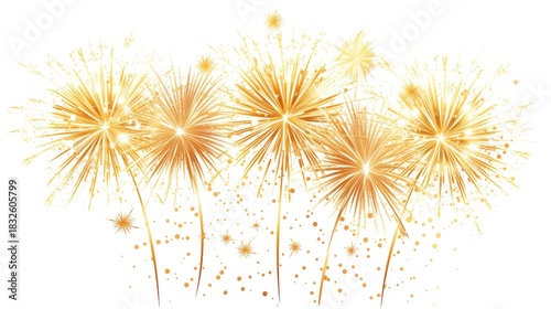 Golden fireworks exploding against a white background