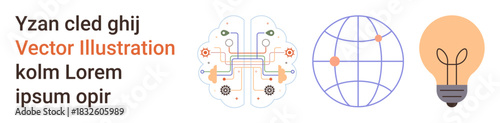 Artificial intelligence, global networks, innovation, system connectivity, technological evolution, creativity. Brain network design, globe grid and light bulb icon. Innovation and global networks