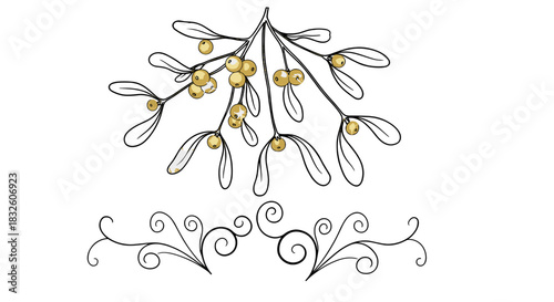 Elegant Kissing Bough: A delicate branch of mistletoe, adorned with its characteristic berries, poised above an ornate, decorative element. evoking feelings of festive cheer.