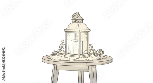 Lantern's Gentle Light: An illustrated candle lantern, set atop a wooden table, casts a warm, inviting glow, creating a serene ambiance and inviting contemplation. 