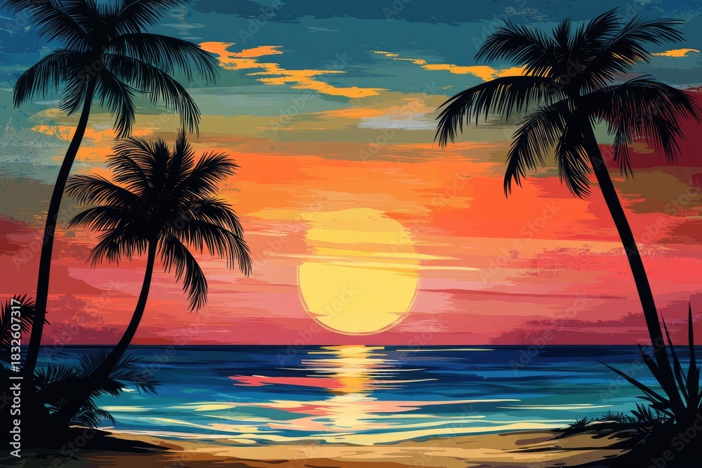 Fototapeta premium A vibrant sunset over a calm ocean, with palm trees swaying gently in the breeze and a clear blue sky dotted with fluffy white clouds.