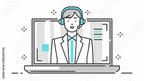 Illustration of a customer service representative with headset in front of a laptop screen display view