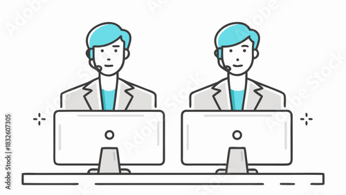 Two customer service representatives with headsets working at computers in a call center setting