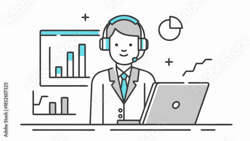 Illustration of a customer service representative with headset working at a desk with charts and a laptop