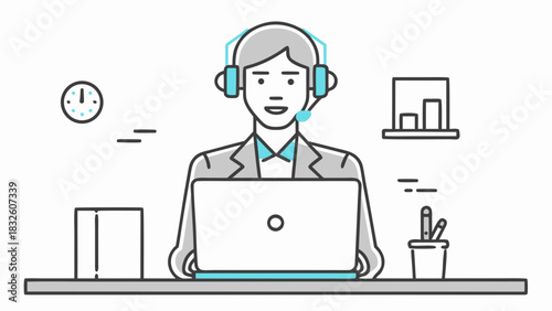 Illustration of a man with headset at desk with laptop clock chart and office supplies around him