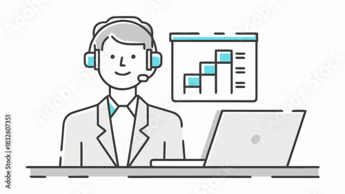 A customer service representative wearing a headset working on a laptop with a chart in the background
