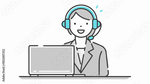Illustration of a smiling woman with headset at a laptop ready to assist customers with support needs