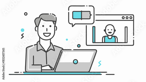 Man smiling using laptop with video call and battery icon in a speech bubble on a white background design