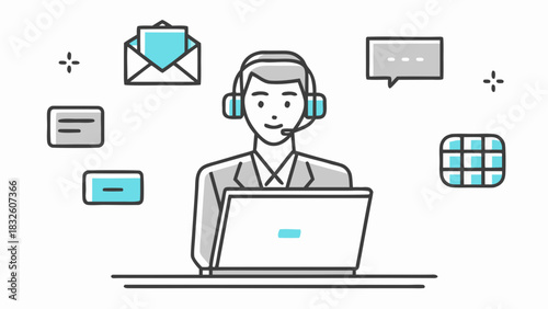 Illustration of a customer service representative with headset working at a laptop on a desk setup
