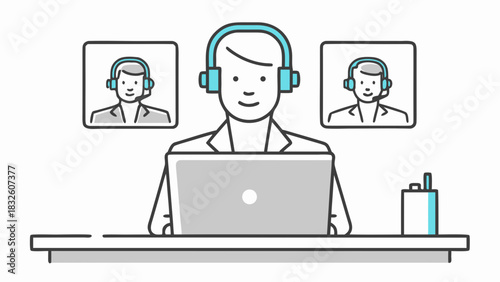 Person with headset on a video call using a laptop with two other people on the screen viewable