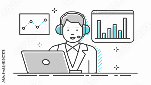 Illustration of a man with headset at a laptop with charts displaying data analysis and information screen