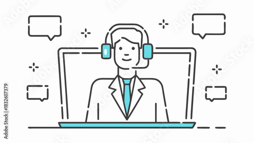 Illustration of a customer service representative with headset in front of a laptop and chat bubbles