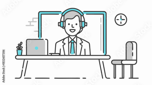 Illustration of a man with headset at desk with laptop, plant, chair, and clock on the wall in an office