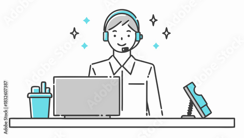 Illustration of a smiling customer service representative with headset at a desk with a laptop and phone