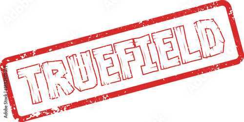 Red distressed Truefield rubber stamp mark for verified authenticity and official use