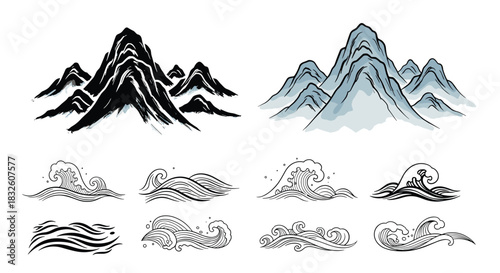 A traditional set of Japanese sumi-e ink wash paintings featuring majestic mountains and detailed ukiyo-e style ocean waves.