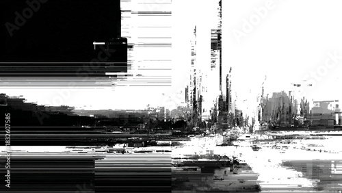 Abstract black and white cityscape with glitch and pixelation effects