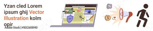 Cybersecurity, online safety, data protection, internet threats, financial security, software protection. Laptop shields, money symbols and threats. Cybersecurity and online safety visualization