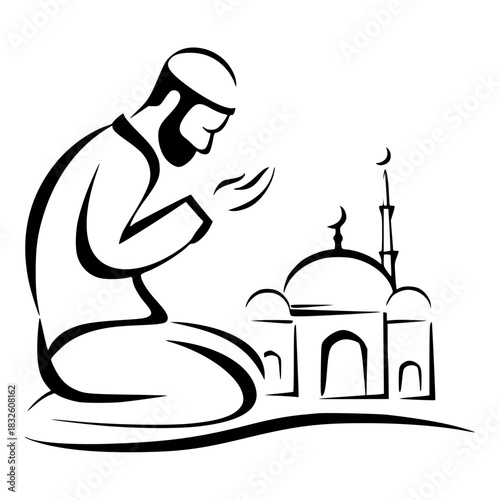 Minimalist Islamic prayer illustration of a muslim man praying near a mosque, vector design Ramadan Kareem Eid Mubarak vector vector