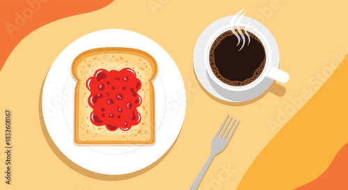 A simple flat lay illustration of a classic breakfast with a cup of hot black coffee and a slice of toast with strawberry jam.