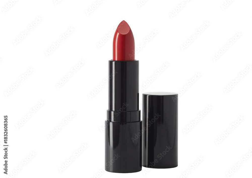 Obraz premium Red lipstick with black casing and white cap on a black background isolated on a transparent background