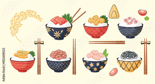 A collection of Japanese rice bowl dishes (donburi) with various delicious toppings like fish, egg, and meat in ornate bowls.