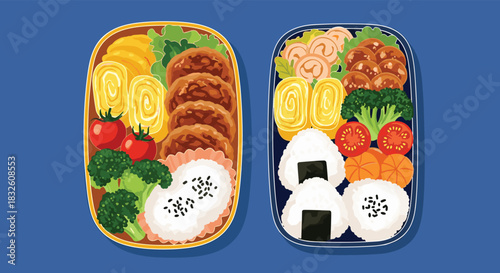 A top-down illustration of two Japanese bento lunch boxes filled with hamburg steak, tamagoyaki, broccoli, and onigiri rice balls.