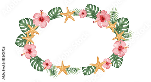 A beautiful watercolor oval frame decorated with tropical monstera leaves, pink hibiscus flowers, and delicate yellow starfish.