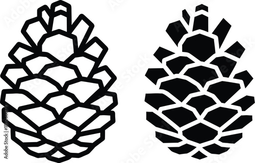 Two pine cones in a detailed black on — Outline, silhouette, and on transparent background. EPS 10.