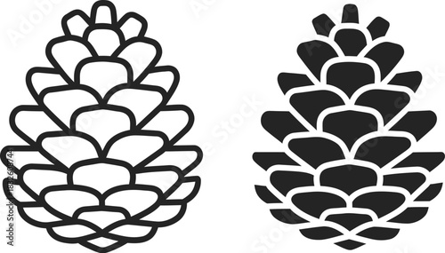 Two pine cones in a minimalist black design on — Outline, silhouette, and on transparent background. EPS 10.