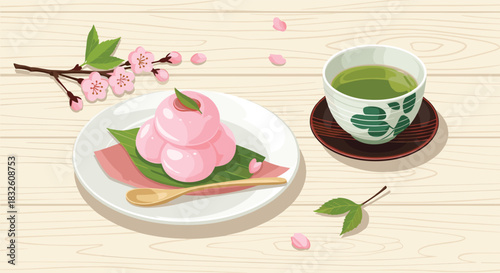 A peaceful Japanese tea time scene with pink sakura mochi on a plate and a cup of hot green matcha tea on a wooden table.
