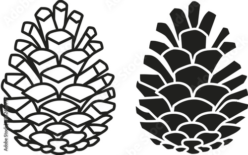Two detailed pinecone illustrations black and white ideal for crafting on — Outline, silhouette, and on transparent background. EPS 10.