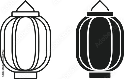 Two hanging lanterns line art and filled versions on — Outline, silhouette, and on transparent background. EPS 10.
