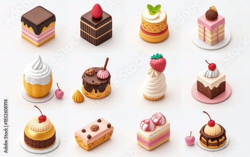 A collection of twelve small, intricately decorated cakes and pastries
