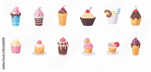 Variety of sweet treats including ice cream cones, cupcakes and frozen yogurt cups in various flavors and toppings.