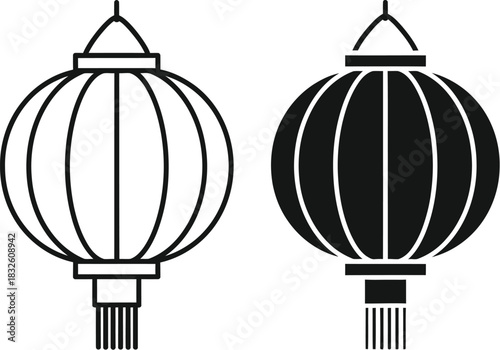 Two asian lanterns one d and one solid on — Outline, silhouette, and on transparent background. EPS 10.