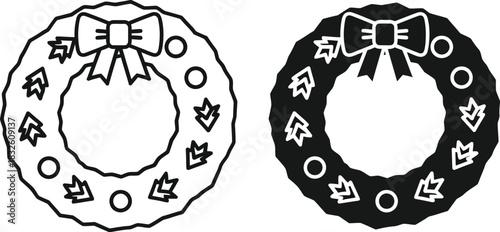 Two wreath designs with a bow detailed s on — Outline, silhouette, and on transparent background. EPS 10.