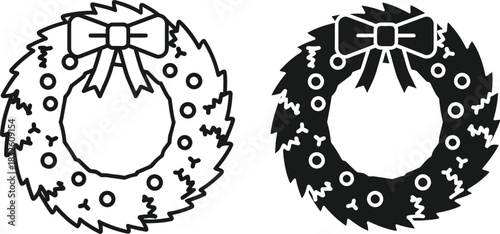 Two christmas wreaths with bow simple design on — Outline, silhouette, and on transparent background. EPS 10.