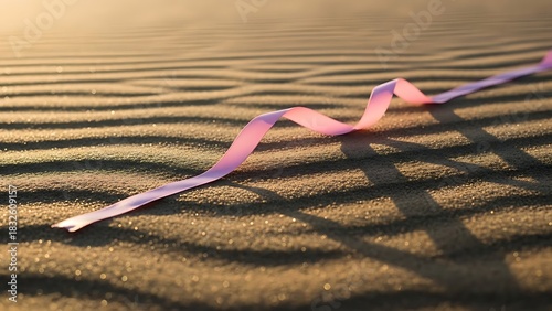 Fototapeta Naklejka Na Ścianę i Meble -  Pink ribbon blowing in the wind across rippled sand dunes