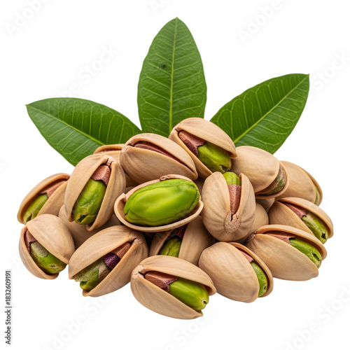 Pile of pistachios with green leaves isolated on transparent background