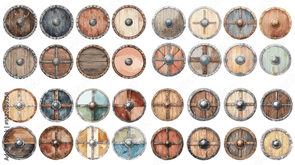 Obraz premium Illustrated Viking wooden shields with metal accents, rustic textures, and historic craftsmanship ideal for medieval themes, historical design, and fantasy artwork.