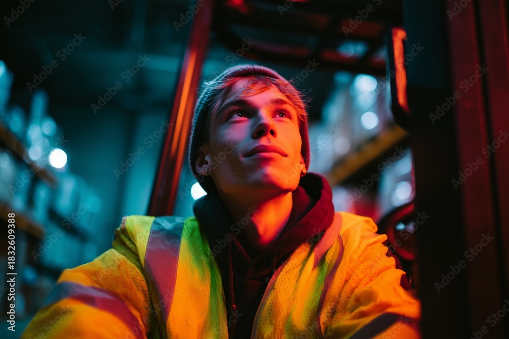 Fototapeta premium Portrait of a young warehouse worker wearing a reflective jacket, illuminated by vivid red and blue lights in a storage setting.