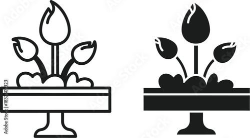 Two floral arrangements in simple black s on — Outline, silhouette, and on transparent background. EPS 10.