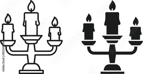 Elegant candelabra line art illustration two designs on — Outline, silhouette, and on transparent background. EPS 10.