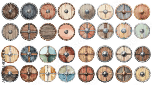 Illustrated Viking wooden shields with metal accents, rustic textures, and historic craftsmanship ideal for medieval themes, historical design, and fantasy artwork.