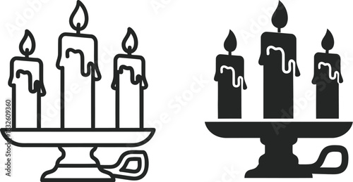 Two black line art candle arrangements with a candelabra on — Outline, silhouette, and on transparent background. EPS 10.