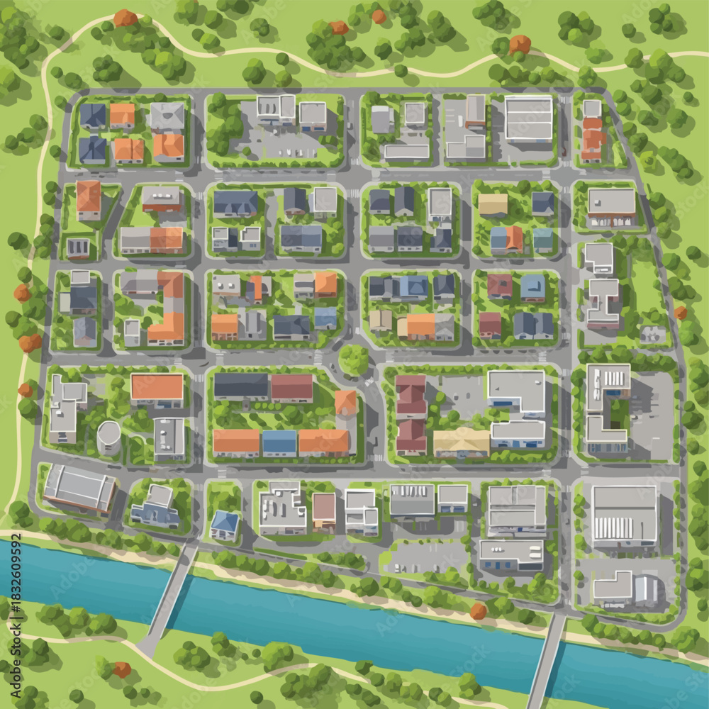 Fototapeta premium An illustrated aerial view of a small town, featuring houses, businesses, and green spaces, showcasing urban planning and community design.