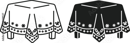 Two draped table cloths with decorative edges simple black on — Outline, silhouette, and on transparent background. EPS 10.