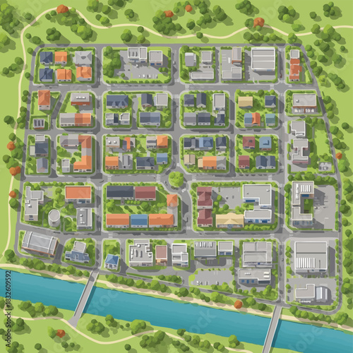 An illustrated aerial view of a small town, featuring houses, businesses, and green spaces, showcasing urban planning and community design.